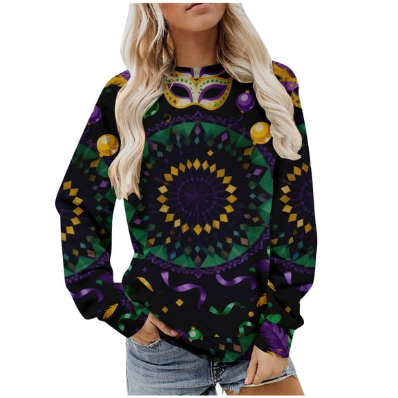Women's Plus Size Mardi Gras Sweatshirt - Tie Dye Carnival Print Oversized Pullover, Vibrant Feather/Mask Graphic Spring Festival Top