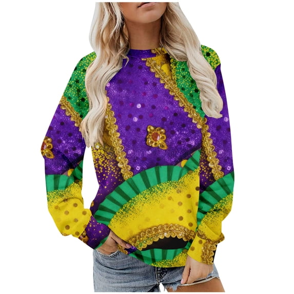 Women's Plus Size Mardi Gras Sweatshirt - Tie Dye Carnival Print Oversized Pullover, Vibrant Feather/Mask Graphic Spring Festival Top