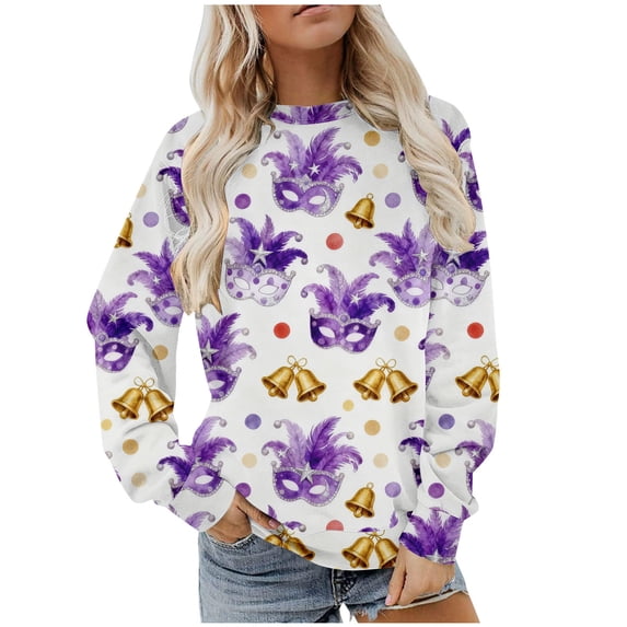 Women's Plus Size Mardi Gras Sweatshirt - Tie Dye Carnival Print Oversized Pullover, Vibrant Feather/Mask Graphic Spring Festival Top