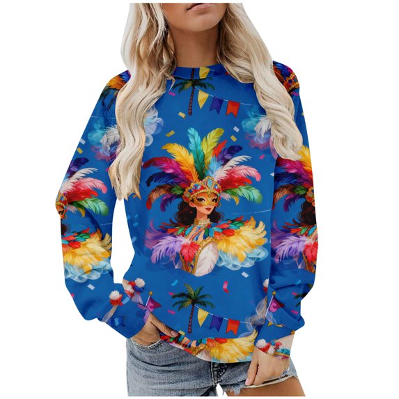Women's Plus Size Mardi Gras Sweatshirt - Tie Dye Carnival Print Oversized Pullover, Vibrant Feather/Mask Graphic Spring Festival Top