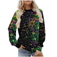 thumbnail image 1 of Women's Plus Size Mardi Gras Sweatshirt - Tie Dye Carnival Print Oversized Pullover, Vibrant Feather/Mask Graphic Spring Festival Top, 1 of 6