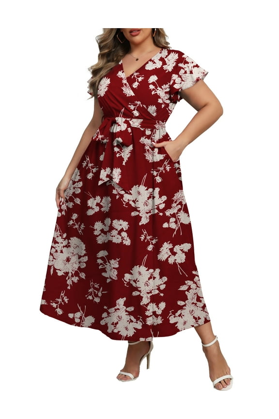 Women's Plus Size Maxi Dress Boho Floral Butterfly Sleeve V Neck Flowy Maxi Dress Party Wedding Guest Dress XL-4XL