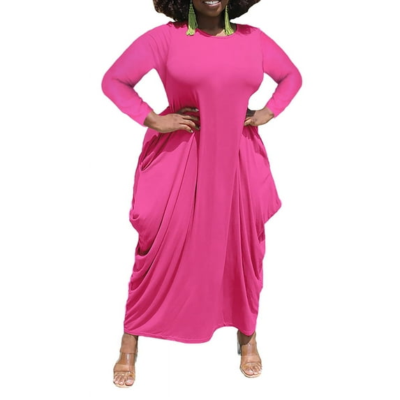 Women's Plus Size Maxi Dress Print Loose Oversize Long Sleeve Baggy Tshirt Casual Tunic Dresses with Pocket