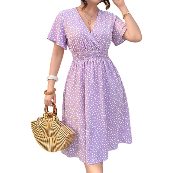 Women's Plus Size Maxi Dress V Neck Short Sleeve A Line High Waist Boho Casual Summer Dresses Violet XL