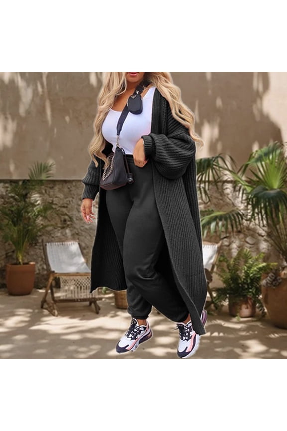 Women's Plus Size Maxi Length Cardigan, Oversized Long Knit Sweater, Solid Color Open Front Duster, Casual Lounge Coat, Soft Loose Fit Cover Up Black XXL