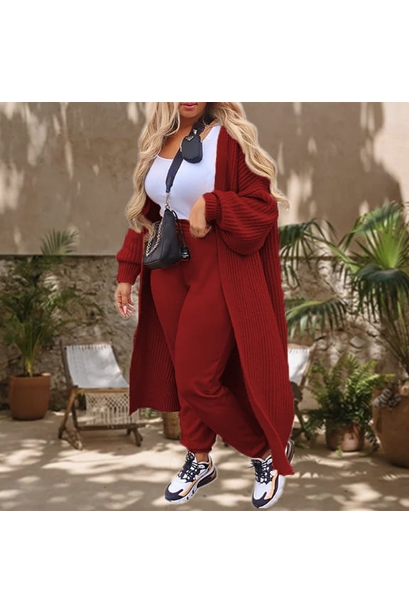 Women's Plus Size Maxi Length Cardigan, Oversized Long Knit Sweater, Solid Color Open Front Duster, Casual Lounge Coat, Soft Loose Fit Cover Up Red XL