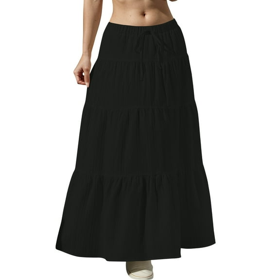 Women's Plus Size Maxi Skirt High Waisted Pleated A Line Flowy Tiered Long Skirts Black 2XL