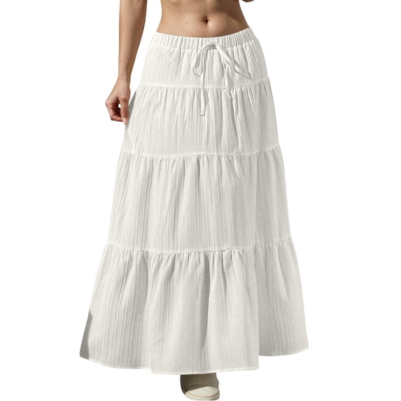 Women's Plus Size Maxi Skirt High Waisted Pleated A Line Flowy Tiered Long Skirts White L