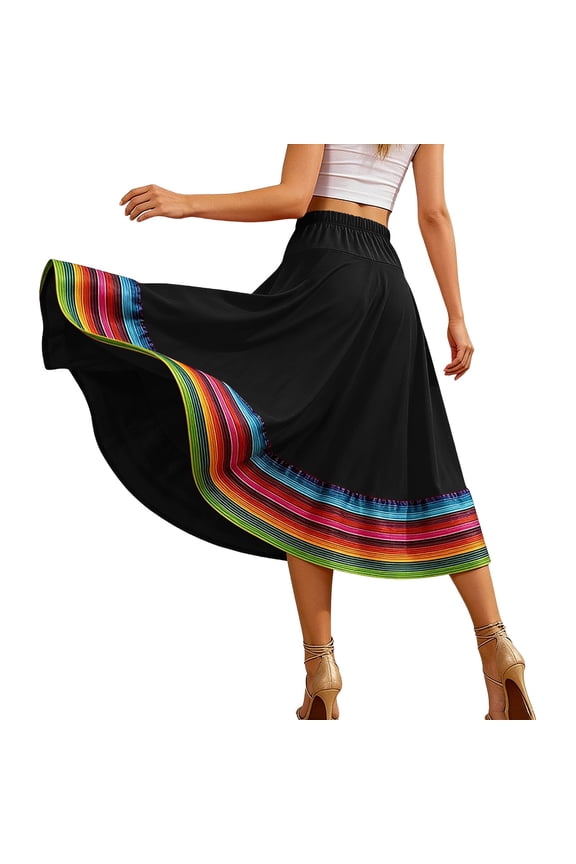 Women's Plus Size Maxi Skirts Colorful Stripe Hem Folklorico Belly Dance Skirt Flowy Casual Festival Outfits (3XL, Black)