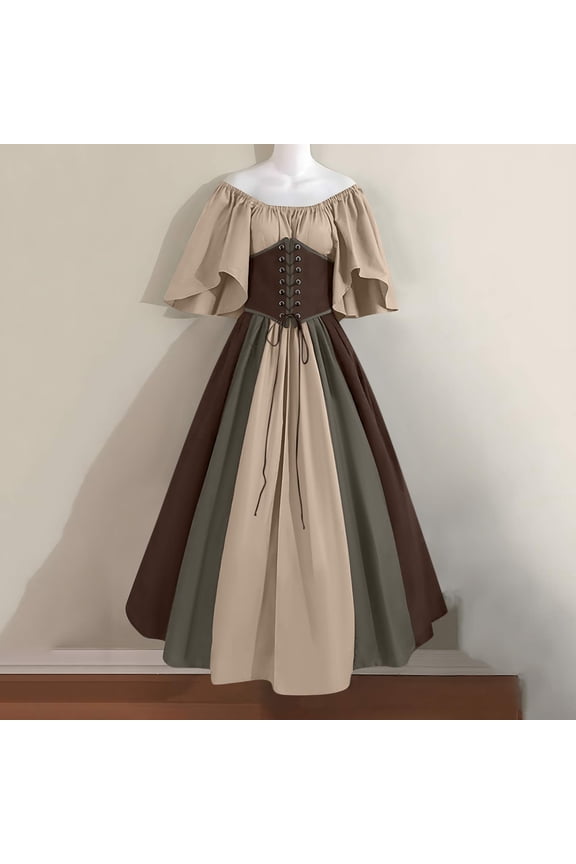 Women's Plus Size Medieval Gothic Court Style Ball Gown Contrasting Splicing Flying Sleeves Lace Up Waist