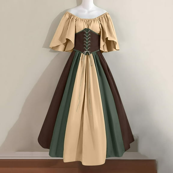 Women's Plus Size Medieval Gothic Court Style Ball Gown Contrasting Splicing Flying Sleeves Lace Up Waist