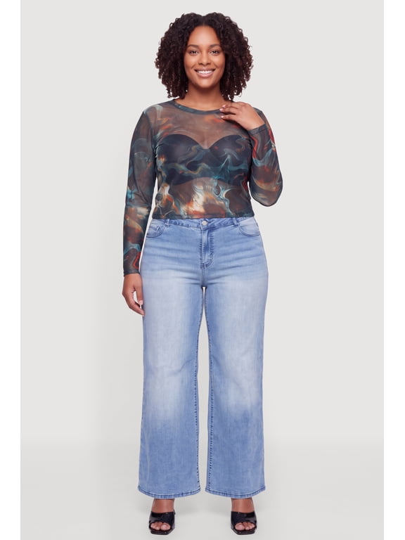 Women's Plus Size Mesh Printed Pattern Long Sleeve Top