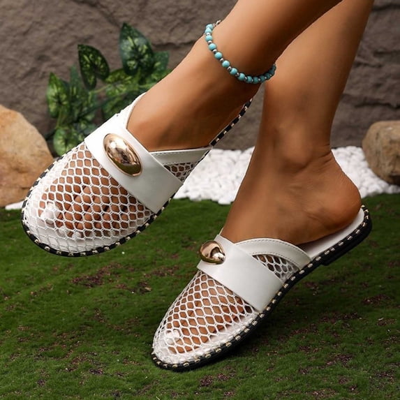 Women's Plus Size Mesh Slip-On Mule Flats, Round Toe with Metal Buckle, Breathable Casual Outdoor Sandals for Summer White 37