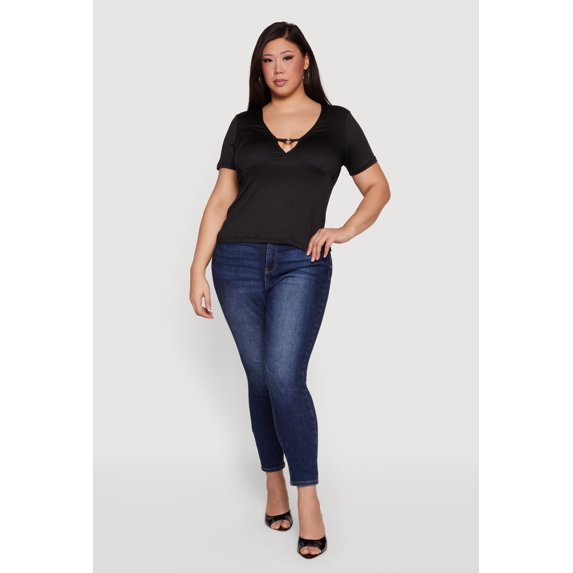 Women's Plus Size Metallic Detail Keyhole Top