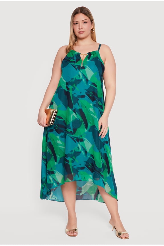 Women's Plus Size Metallic Keyhole Detail Patterned High Low Dress