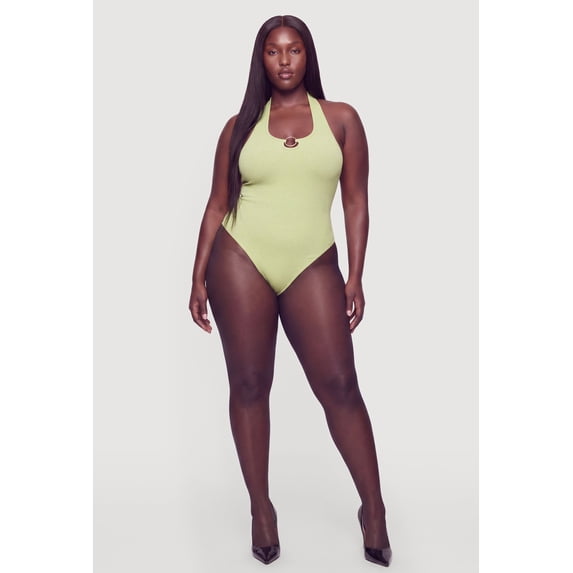 Women's Plus Size Metallic O Ring Detail Halter Thong Bodysuit