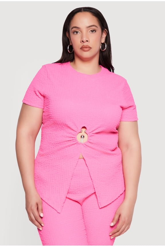 Women's Plus Size Metallic O Ring Keyhole Detail Blouse