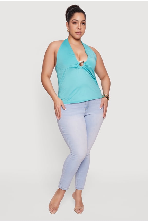 Women's Plus Size Metallic O-Ring Keyhole Halter Top