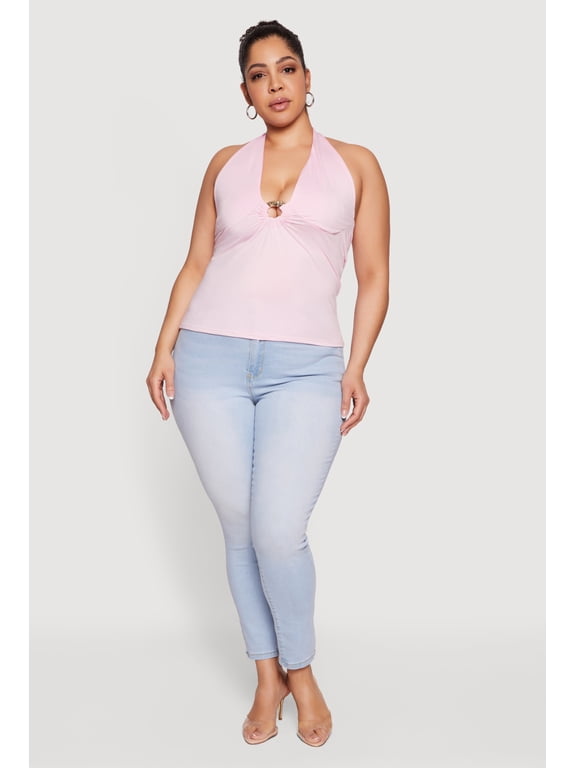 Women's Plus Size Metallic O-Ring Keyhole Halter Top