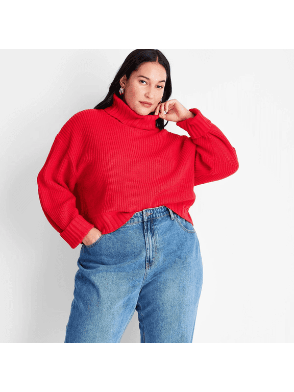 Women's Plus Size Metallic Turtleneck Pullover Sweater - Future Collective with Kahlana - (Red, 2X)