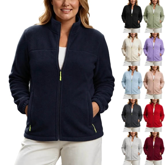 Women's & Plus Size Micro Polar Fleece Jackets, Fall Winter Zip-up Stand Collar Long Sleeve Cozy Warm Outdoor Coats, S-4XL