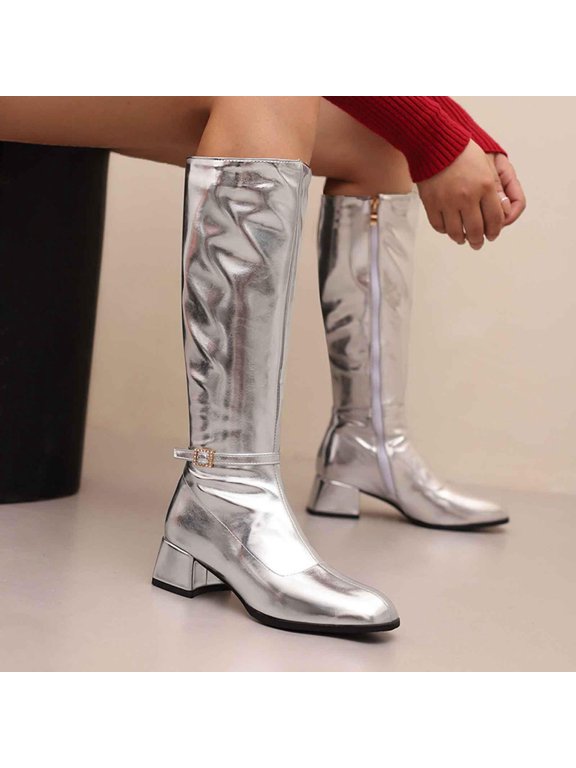 Women's Plus Size Mid Calf Boots, Round Toe Buckle Strap Side Zipper Comfortable Low Heel Shoes, Fashion Versatile Footwear for Fall Winter Daily and Outdoor