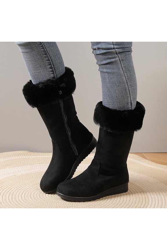 Women's Plus-Size Mid-Heel Round-Toe Fleece-Lined Mid-Calf Boots,Comfortable Breathable Knit Upper,Soft Padded Insole,Block Heel Support,Casual Outdoor Fashion Shoes for Fall and Winter Black