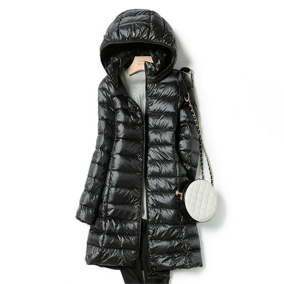 Women's Plus Size Mid-Length Puffer Coat, Detachable Hood Down Jacket, Slim Fit Winter Coat, Long Sleeve Casual Outerwear, Warm Zip Front Coat Black L