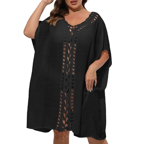 Women's Plus Size Mid-Length Sun Protection Cover Up Casual Hollow-Out Cardigan Swimsuit Coverup Summer Beach Dress