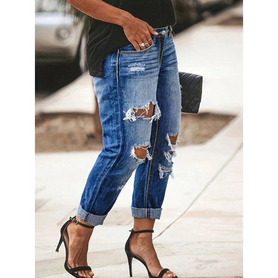Women's Plus Size Mid-Waist Straight Leg Ripped Denim Jeans Long Pants