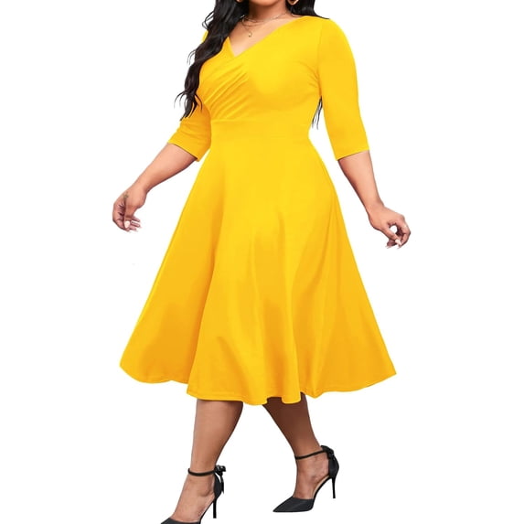 Women's Plus Size Midi Dress 3/4 Sleeve A-Line Swing Dress V Neck Flowy Casual Dresses