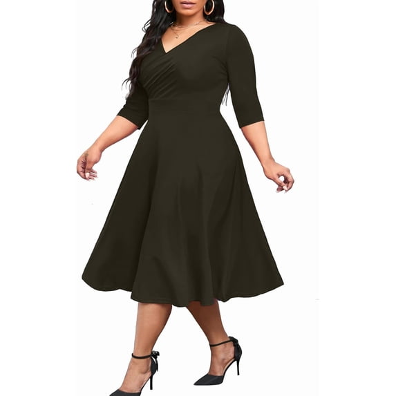 Women's Plus Size Midi Dress 3/4 Sleeve A-Line Swing Dress V Neck Flowy Casual Dresses