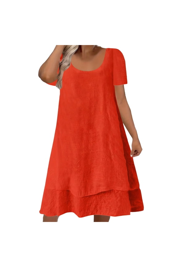Women's Plus Size Midi Dress Casual Short Sleeve Crew Neck Dress Double Layer Ruffle Hem Loose Fit Dresses
