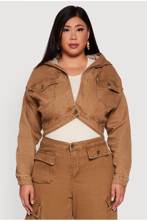 Women's Plus Size Mineral Wash Cropped Hooded Denim Jacket