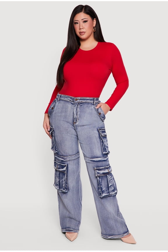 Women's Plus Size Mineral Wash Straight Leg Cargo Jeans