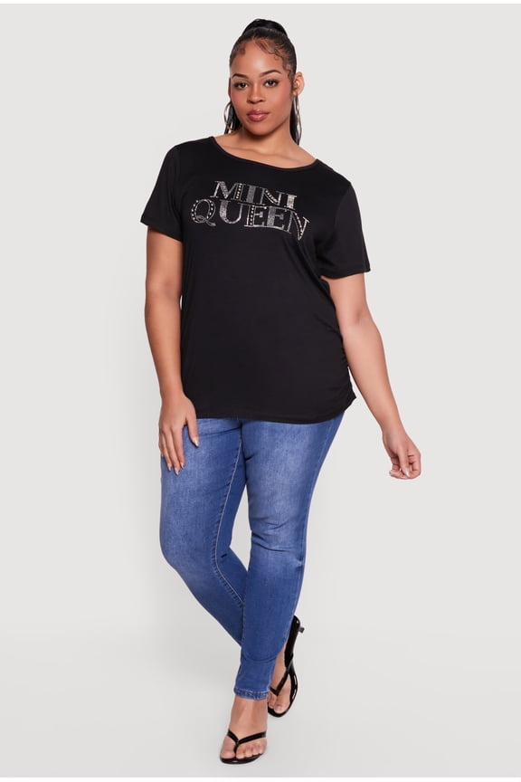 Women's Plus Size Mini Queen Rhinestone Studded Tee
