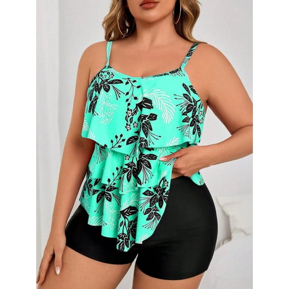 Women's Plus Size Mint Green Floral Tiered Ruffle Tankini Boyshort Swim Set, Spaghetti Strap Loose Flowy Tummy Control Layered Tank Top & Solid Black High Waist Full Coverage Modest Bathing Suit for