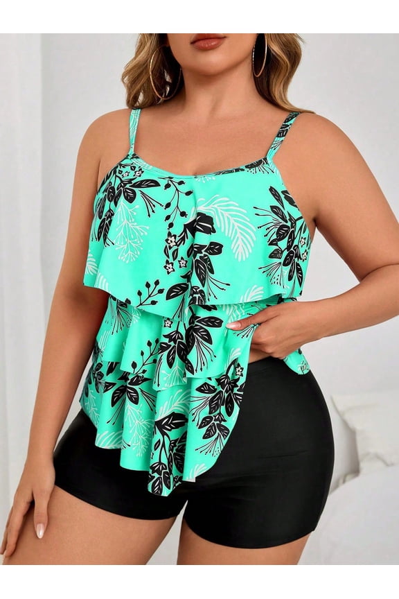 Women's Plus Size Mint Green Floral Tiered Ruffle Tankini Boyshort Swim Set, Spaghetti Strap Loose Flowy Tummy Control Layered Tank Top & Solid Black High Waist Full Coverage Modest Bathing Suit for