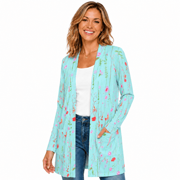 Women's Plus Size Mint Wildflower Cardigan, Long Sleeve Open Front Tunic with Pockets