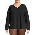 thumbnail image 1 of Women's Plus Size Mixed Media V-Neck Eyelet Top -Black, 1X, 1 of 1