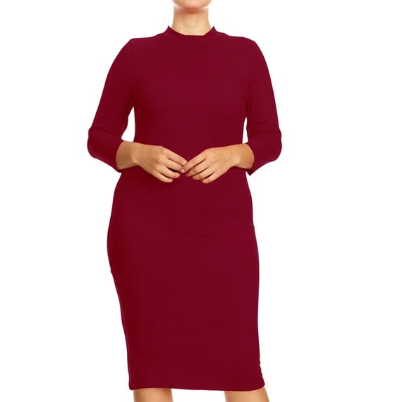 Women's Plus Size Mock Neck Mini Dress Lightweight 3/4 Sleeve Bodycon Fit