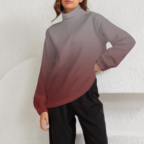 Women's Plus Size Mock Neck Pullover, Gradient Color Thermal Lined Sweatshirt, Soft Fleece Crewneck Long Sleeve Top, Comfortable Loungewear for Casual Winter Wear and Home Relaxation Wine XL