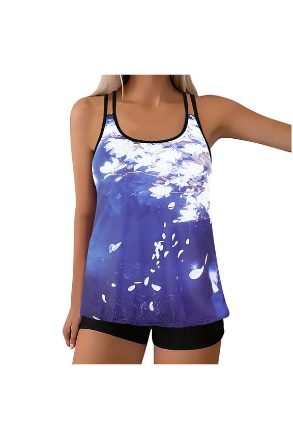 Women's Plus Size Modest Tankini Sets High Waist 2 Piece Bathing Suits Ladies Swimsuits for Old Women Loose Beachwear Dark Blue, L