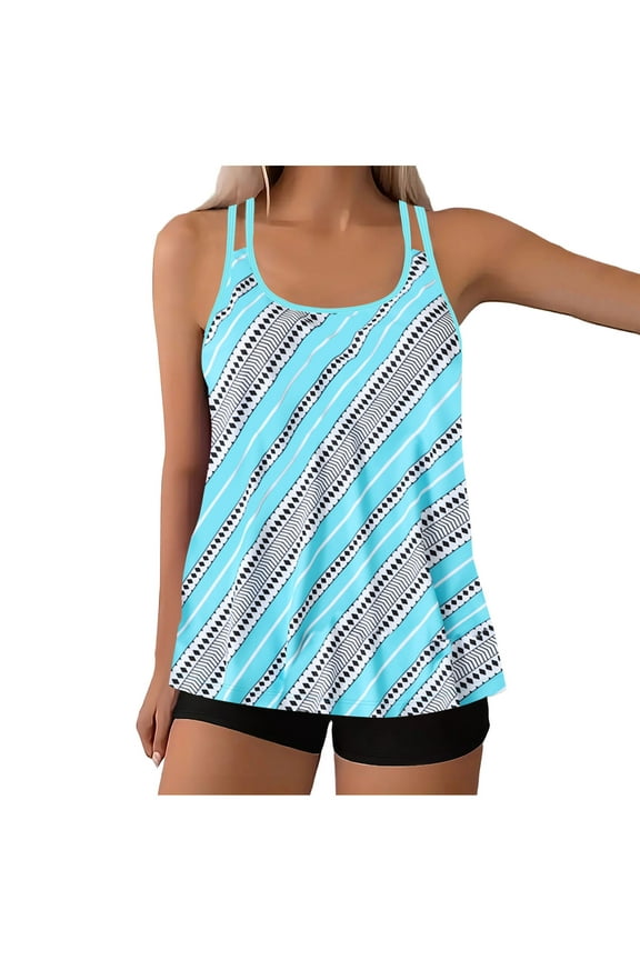 Women's Plus Size Modest Tankini Sets High Waist 2 Piece Bathing Suits Ladies Swimsuits for Old Women Loose Beachwear Light Blue, M