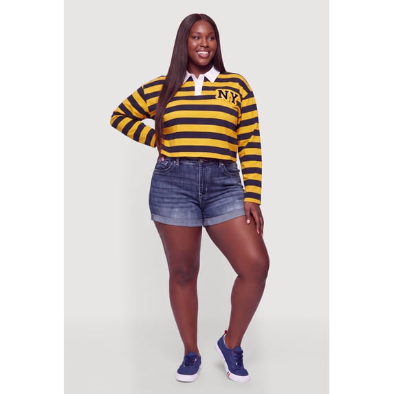 Women's Plus Size NY Chenille Patch Striped Rugby Polo Top