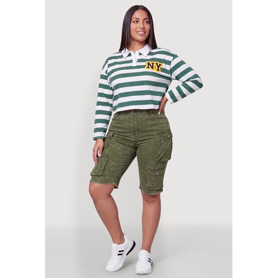 Women's Plus Size NY Chenille Patch Striped Rugby Polo Top