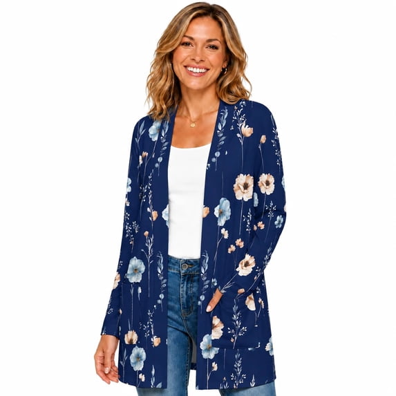 Women's Plus Size Navy Floral Cardigan, Long Sleeve Open Front Tunic with Pockets