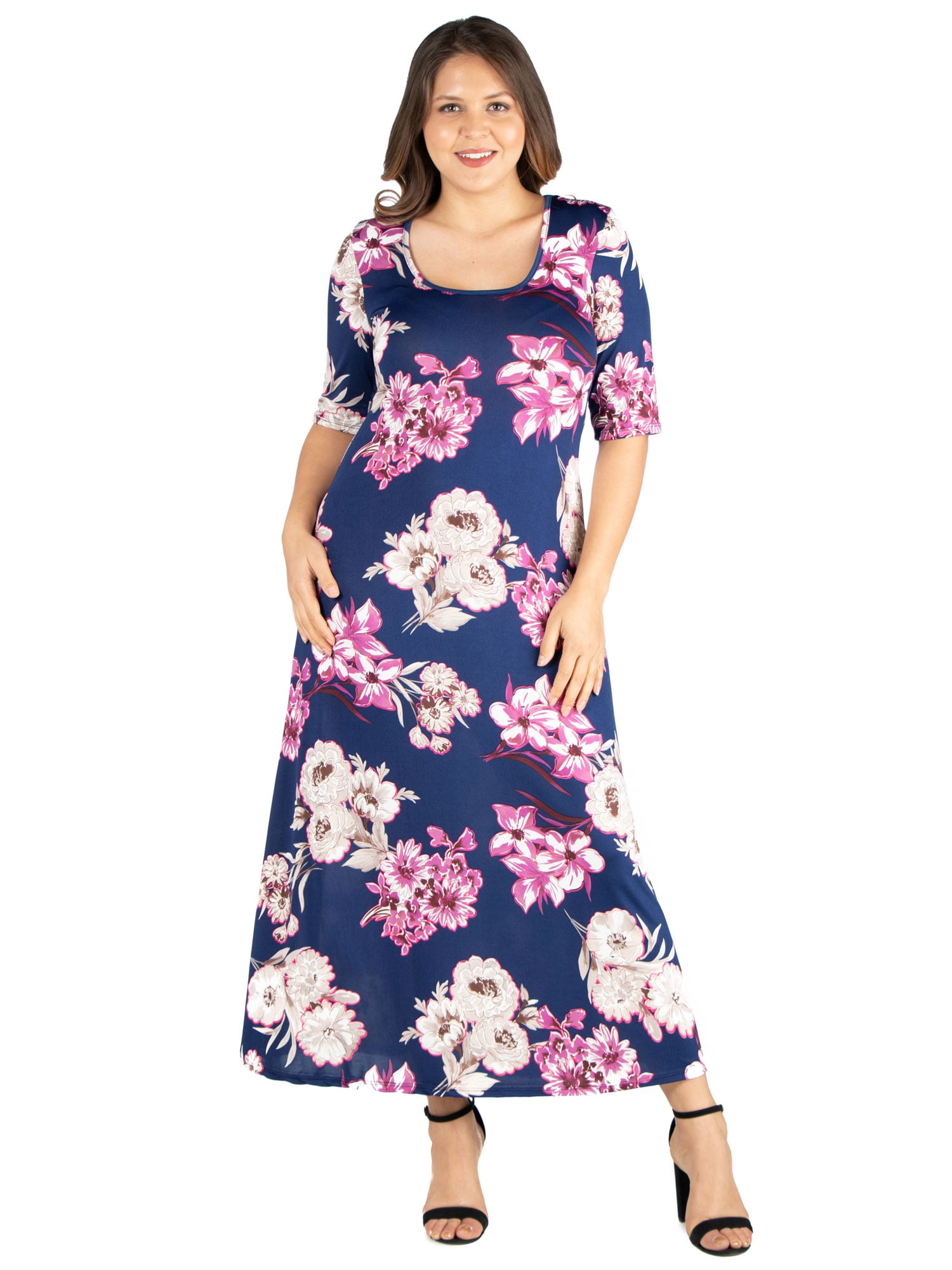 Women’s Plus Size Navy Floral Elbow Length Sleeve Maxi Dress
