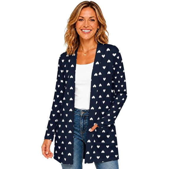 Women's Plus Size Navy Heart Print Cardigan, Long Sleeve Open Front Tunic with Pockets