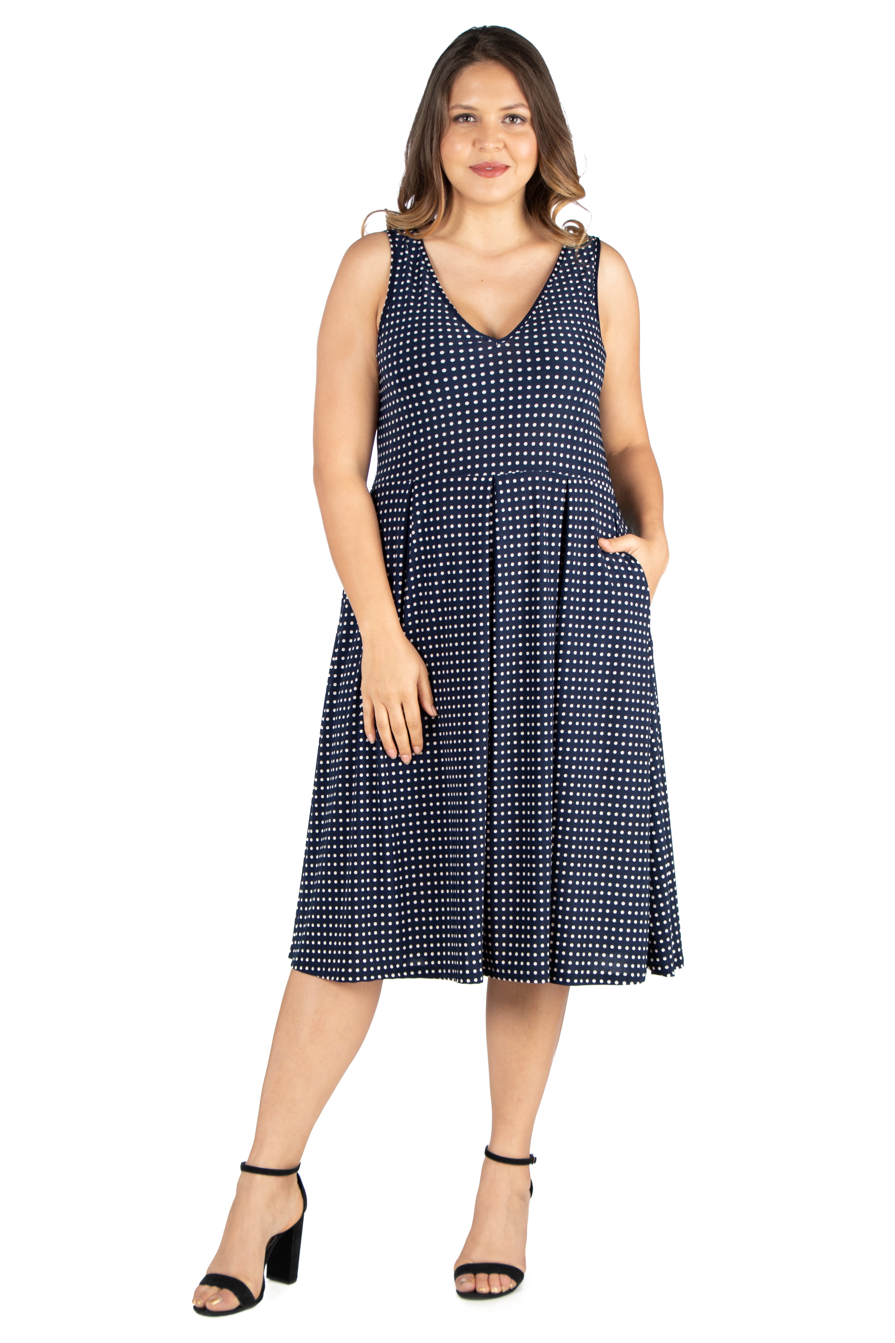 Women’s Plus Size Navy Polka Dot Midi Fit and Flare Pocket Dress